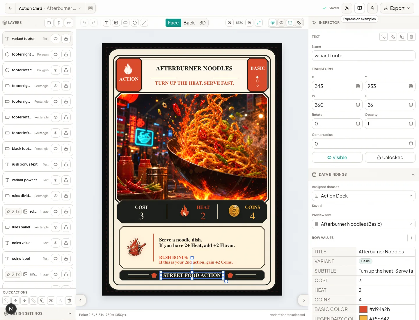 A card open in the Gamepiece Studio Designer