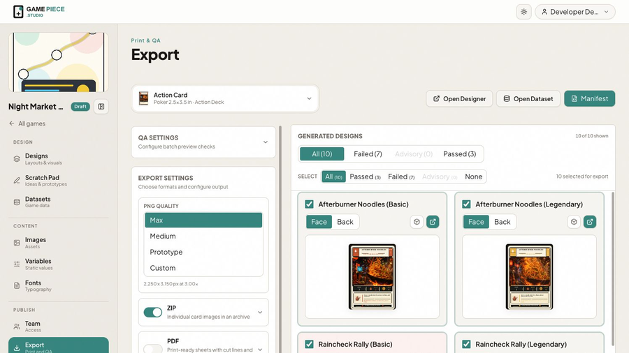 The Export workspace showing generated cards and QA filters