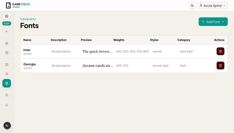 The project Fonts workspace