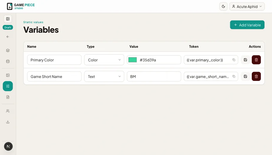 Project variables in Gamepiece Studio